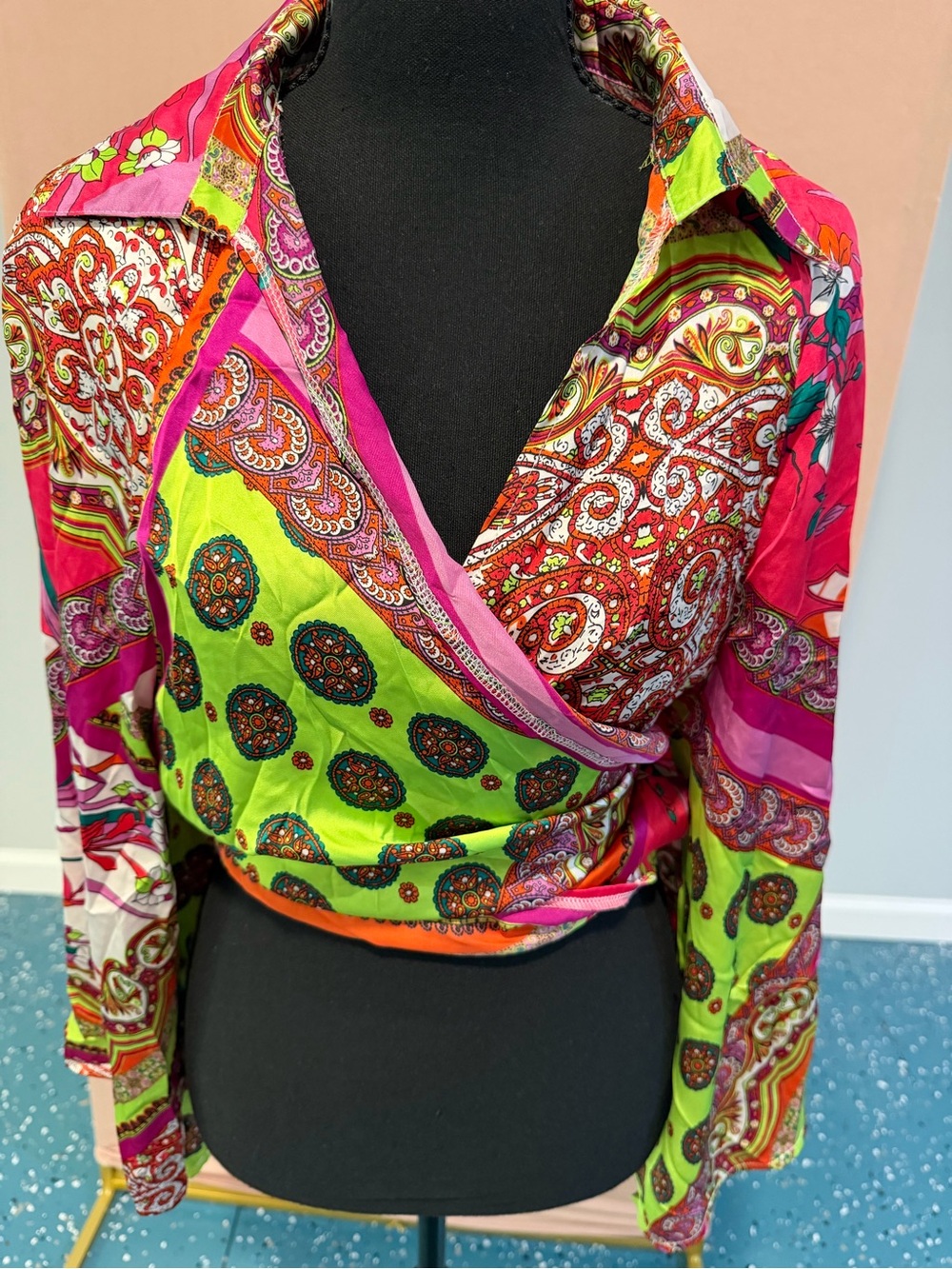 SHEIN Pink & Lime Green Paisley Wrap Button-Down Blouse